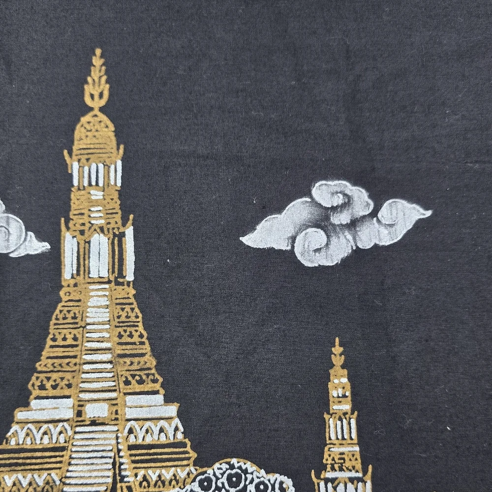 Vintage Thai Silk Scarf Panel Gold Temple Boat Scene Black 20x18